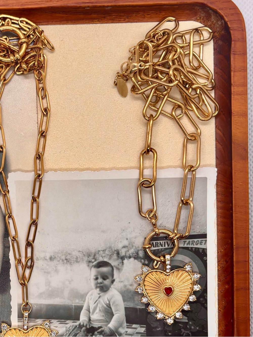 Gold Heart Pendant Chain Necklace with Red Accent